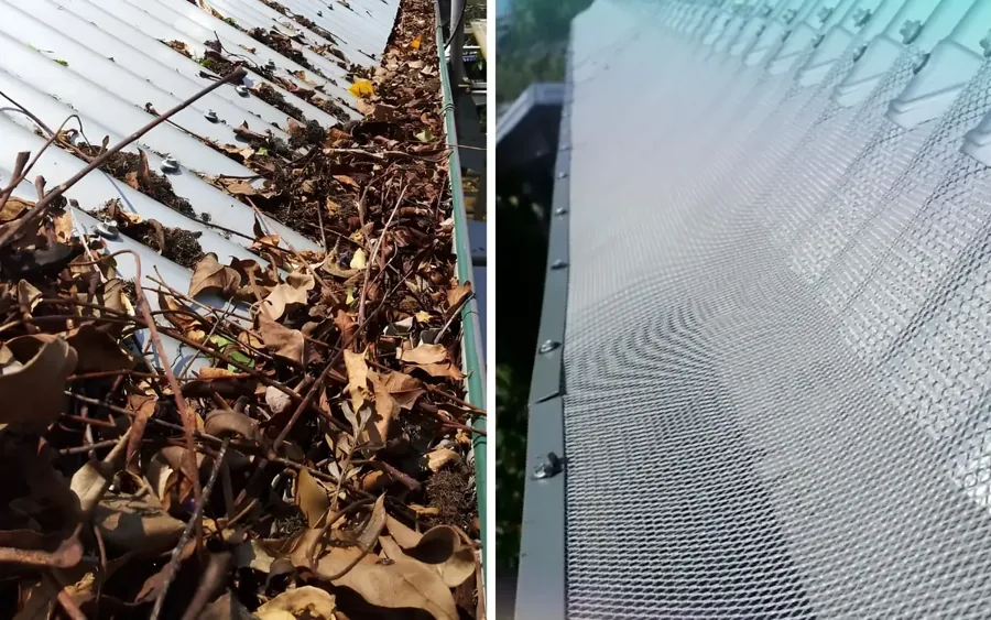 Before: gutter overflowing with dry leaves and sticks. After: close-up of new metal mesh gutter guard fixed along the gutter edge