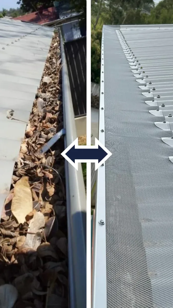 Before: gutter full of dry leaves on a pale metal roof. After: the same gutter covered with metal mesh gutter guard