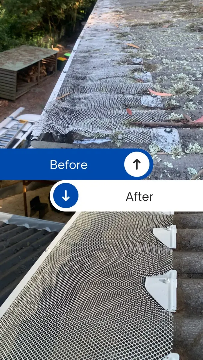 Before: old torn plastic mesh on a mossy roof. After: new white metal mesh gutter guard with fixing clips