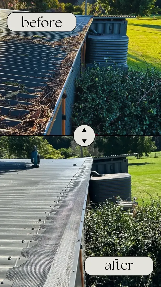 Before: gutter on a dark corrugated roof packed with leaves and twigs. After: the same gutter covered with fitted metal gutter guard mesh